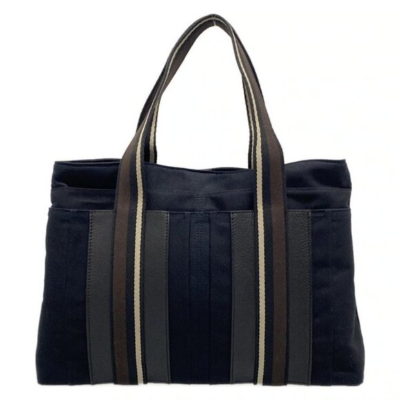 Auth HERMES Troca Horizontal MM - Dark Navy Dark Brown Gray Beige Canvas Leather - Picture 1 of 11